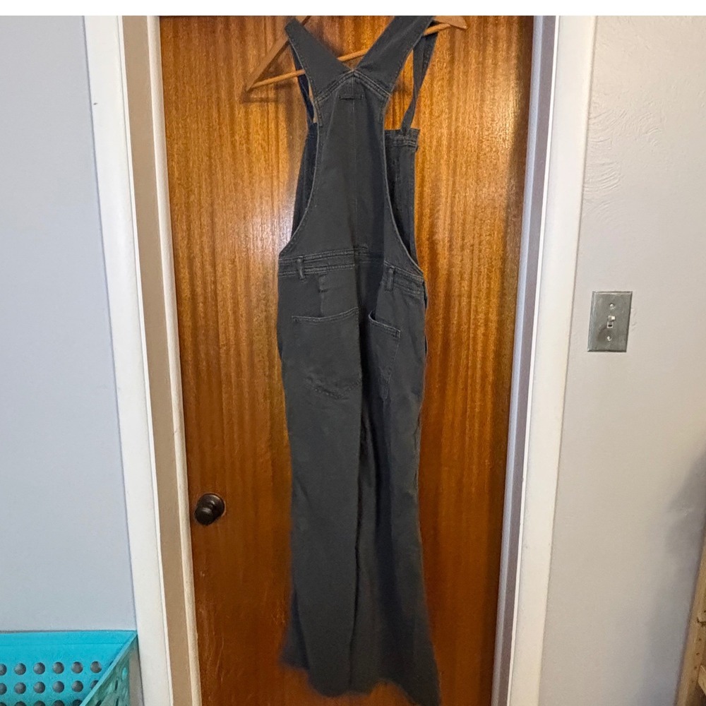 Aerie Womens Wide Leg Denim Overalls Charcoal Gray Raw Hem Button Side Bib Front - Picture 2 of 9